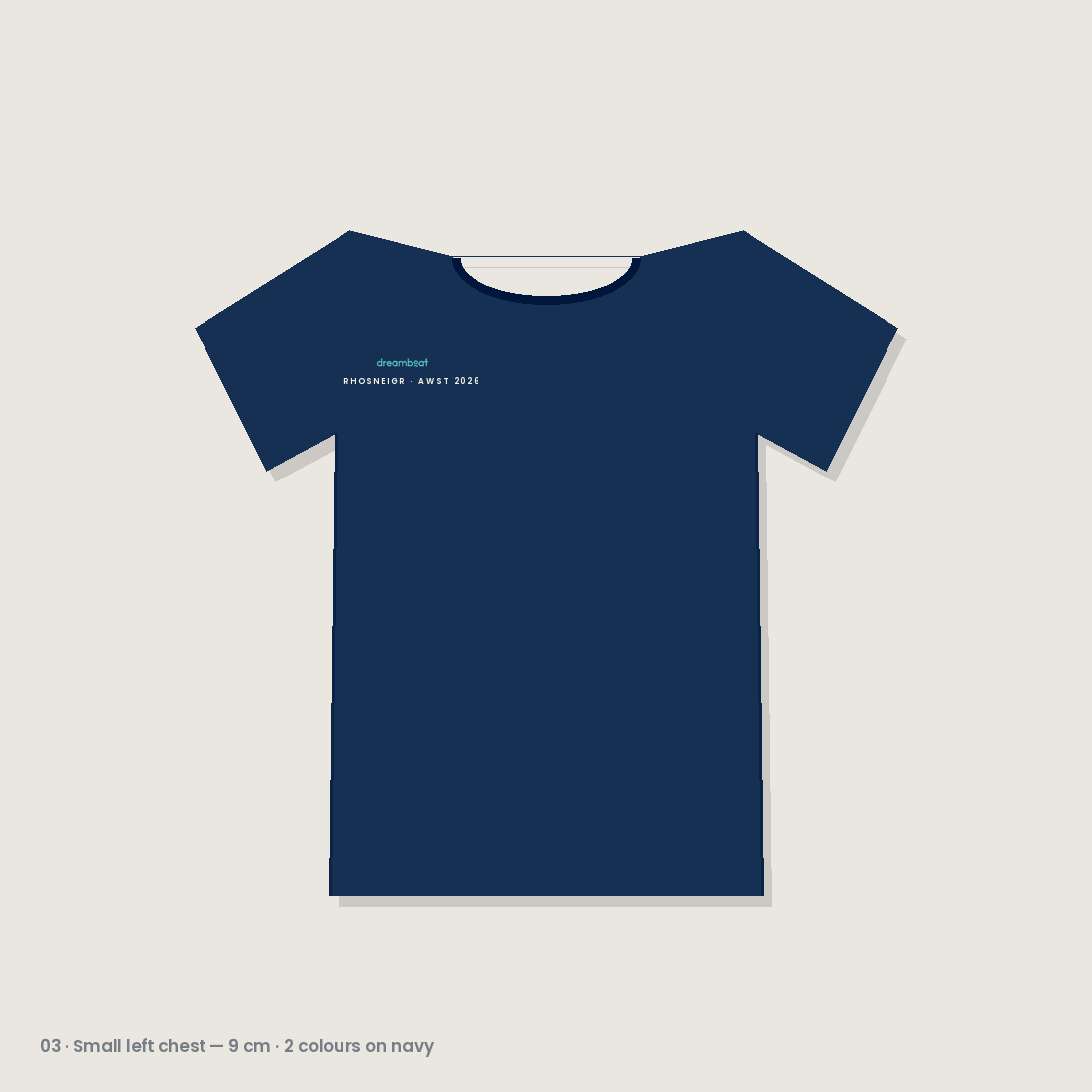 Navy t-shirt with a small dreamboat wordmark printed on the left chest